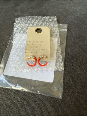 NWT Anthropologie Orange Enamel Crescent Earrings with Crystal Accents